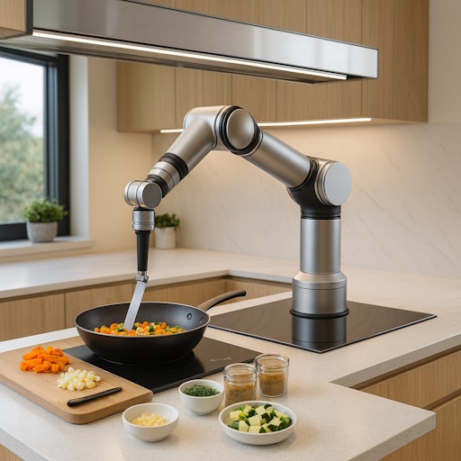 AI Sous-Chef Countertop Robot concept preparing a meal