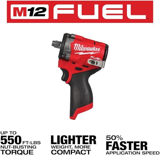 Milwaukee M12 FUEL Stubby Impact Wrench — side profile showing compact size